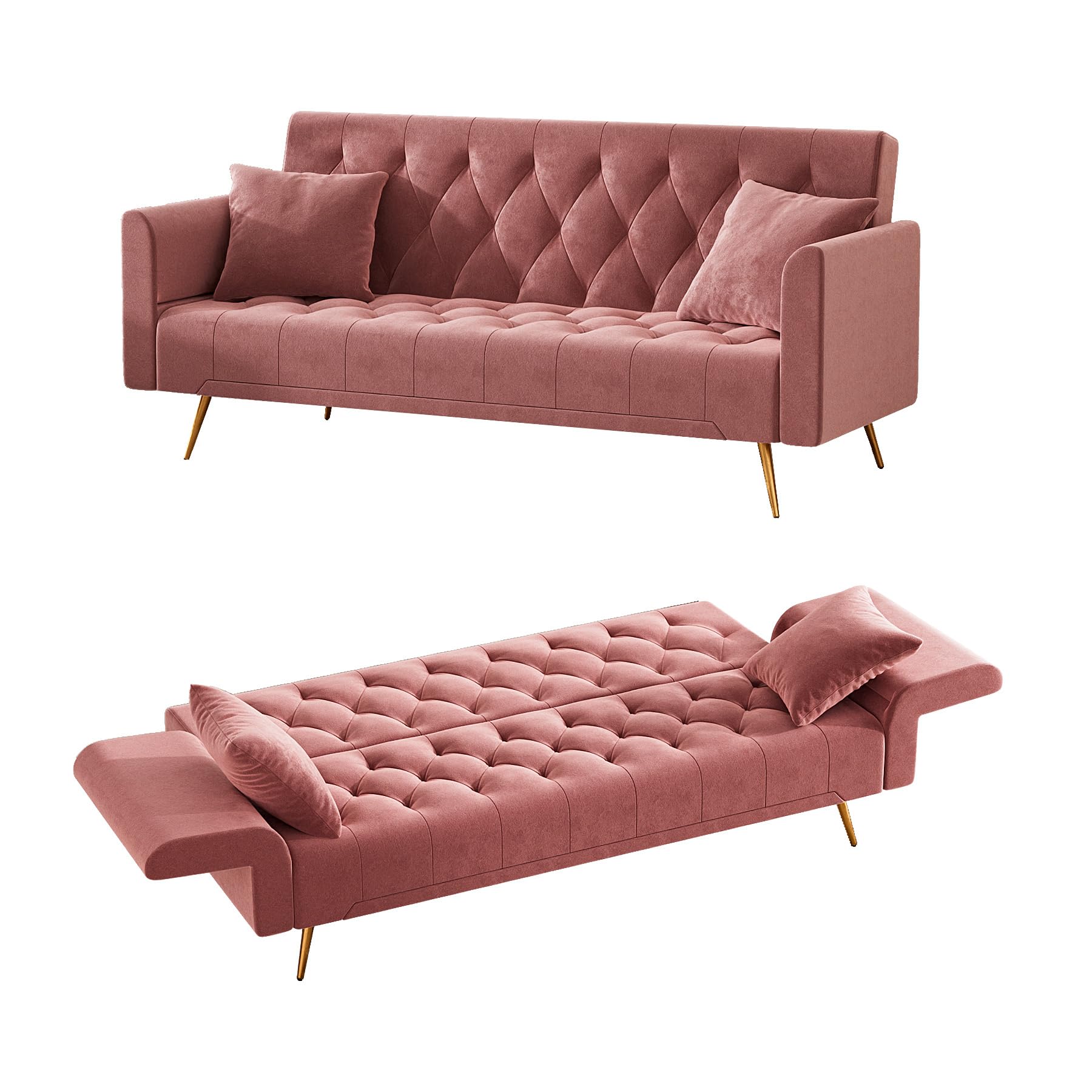 OUYESSIR 71" Velvet Futon Sofa Bed, Small Couch, Loveseat, Convertible Futon Sleeper Sofa with Folding Armrests and 2 Pillows, Modern Couch for Bedroom, Living Room (Rose Pink)