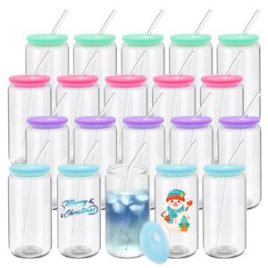 20 pack drinking glass cups with acrylic lids and glass straw beer can shaped drinking glasses cups, glass tumbler reusable cute cups for whiskey, iced coffee, tea, soda, cocktail, gift, clear 16oz