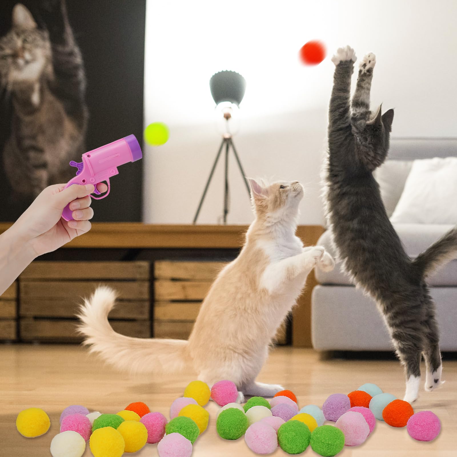 C-PASSION Cat Ball Toy Launcher Gun,Cat Balls Fetch Toy,50Pcs Plush Fuzzy Balls Launcher Cat Toy for Cats,Cute Kitten Kitty Toys,Funny Interactive Cat Toys for Bored Indoor Adult Cats