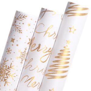 ribbli white gold merry christmas wrapping paper rolls snowflake merry christmas tree pattern with glitter gold mini roll-17 inch x 10 feet per roll