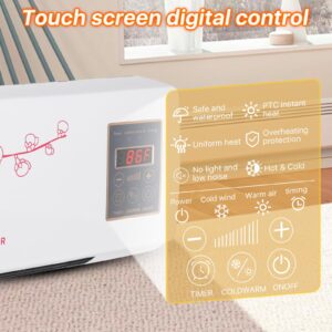 Wall Heater, Electric Space Heater for Bedroom 1400W Electric Heater, LED Display, Adjustable Thermostat, Timer, Safety Protection, Quiet Fan-less Design