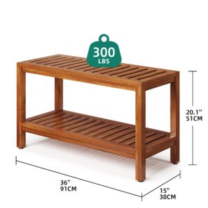 YITAHOME Teak Shower Bench with Storage Shelf, 36" Wooden Shower Stool for Inside Shower, Shower Stool Seat with Non-Slip Levelers for Bathroom, Living Room, Indoor and Outdoor Use