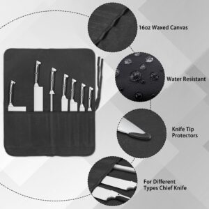 lelezone Knife Roll, Chef Knife Bag, Waxed Canvas Heavy Duty Knife Pouch with 7 Slots, Knife Bags for Chefs Professional with Knife Tip Protectors Tool Storage Roll for Kitchen Travel Camping (Black)