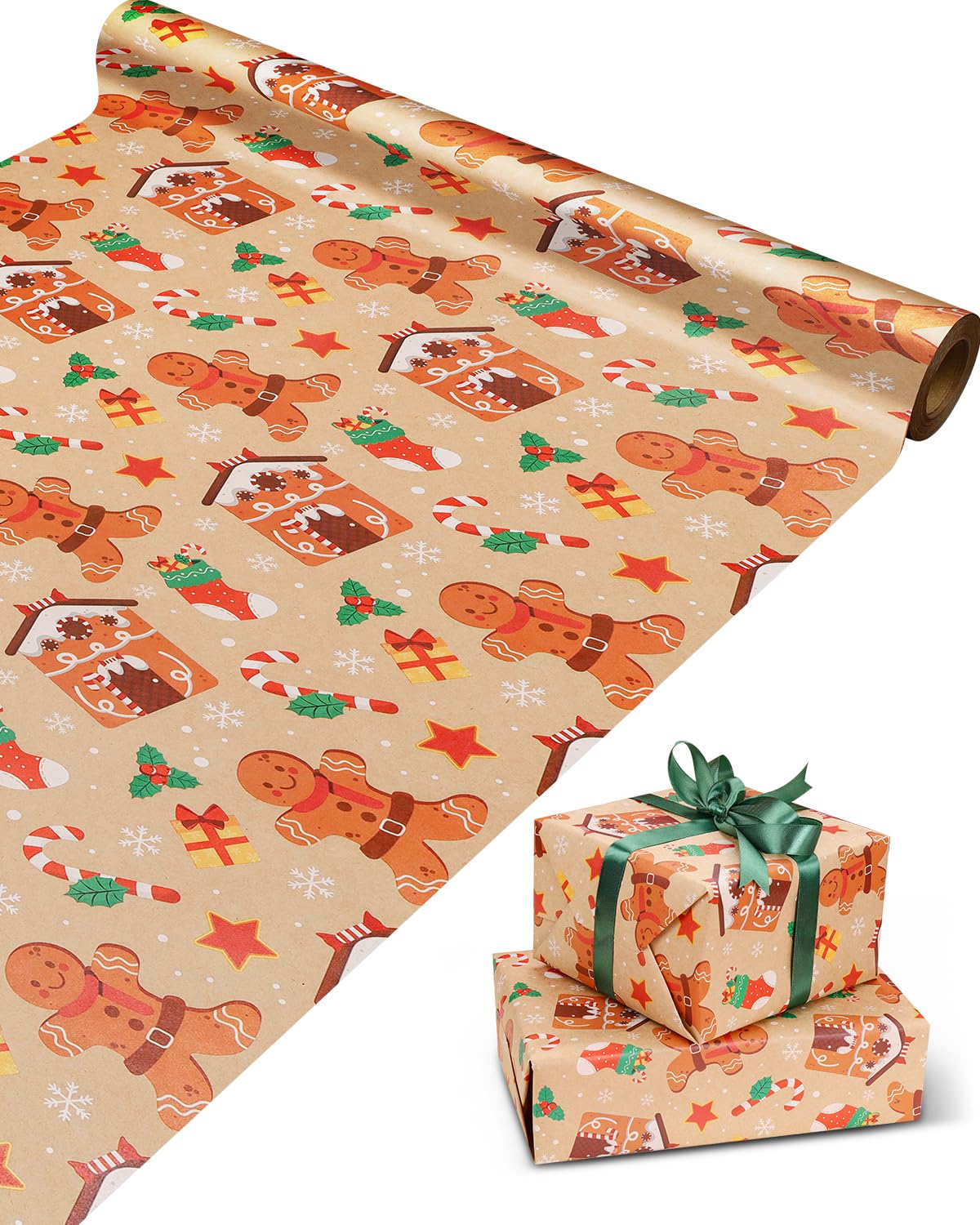 RayofSun christmas wrapping paper,Gingerbread Man gift wrapping paper rolls,kraft gift wrapping paper for people Make the gift more exquisite for celebrating Christmas (pack of 1:17 in x 32 ft)