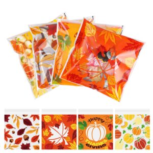 derayee fall treat bags, 400 pcs self sealing cellophane cookie bags pumpkin maple leaves clear candy bags plastic self-adhesive goodie gift bag for thanksgiving party favor autumn party supplies (3.9 x 3.9 inch)