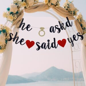 QFiesy He Asked She Said Yes Banner, Black Glitter Bride to Be Decorations, Black Glitter Bunting Sign for Engagement Bridal Shower Wedding Party. (Pre-Strung)