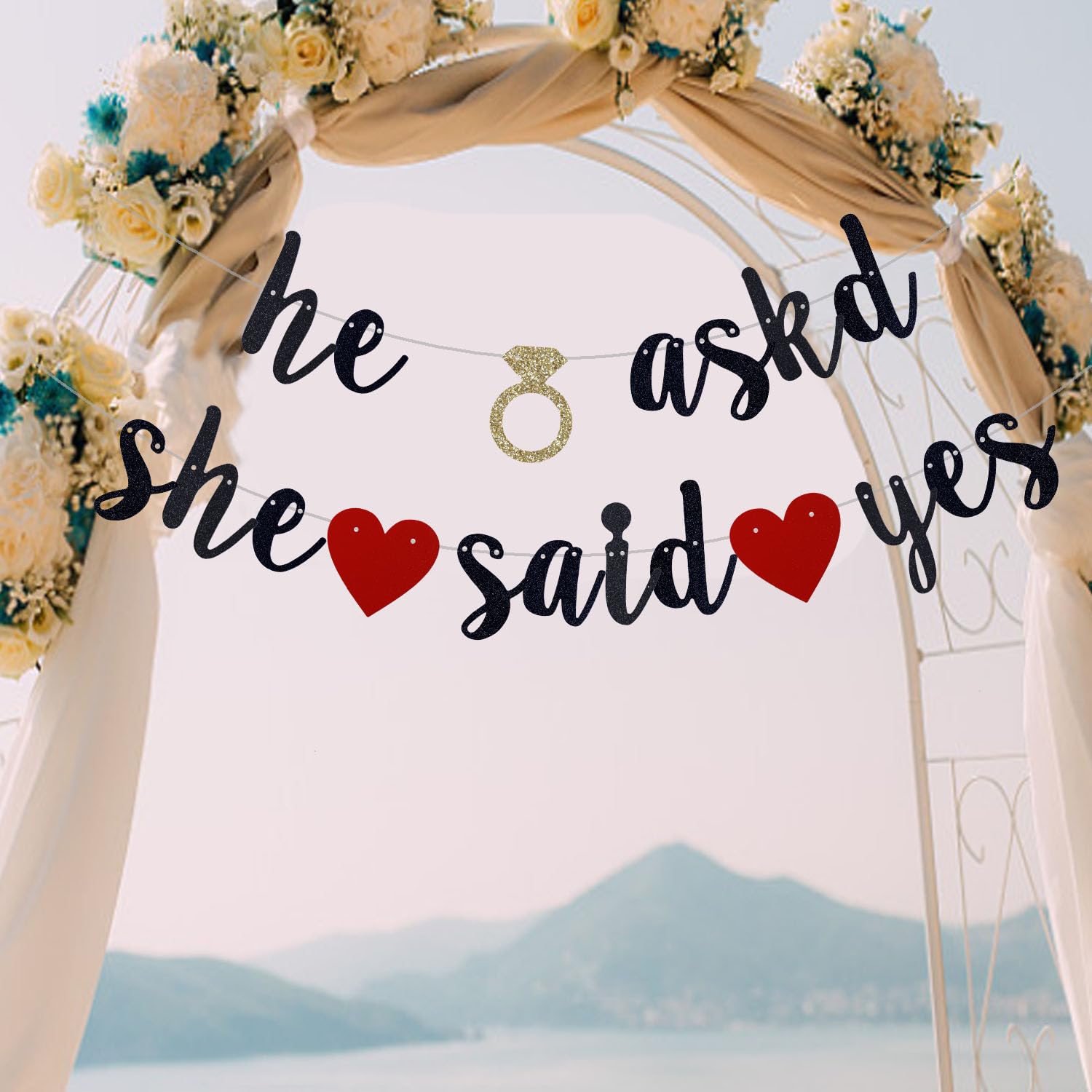 QFiesy He Asked She Said Yes Banner, Black Glitter Bride to Be Decorations, Black Glitter Bunting Sign for Engagement Bridal Shower Wedding Party. (Pre-Strung)