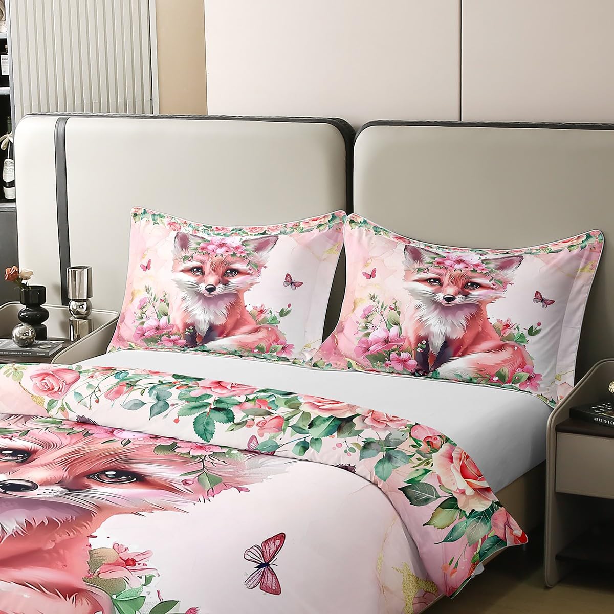 Watercolor Fox 100 Percent Cotton Bedding Set Full Size Cute Jungle Wildlife Duvet Cover Romantic Rose Butterfly Comforter Cover Pink Golden Marble Bedspread Cover with 2 Pillowcases