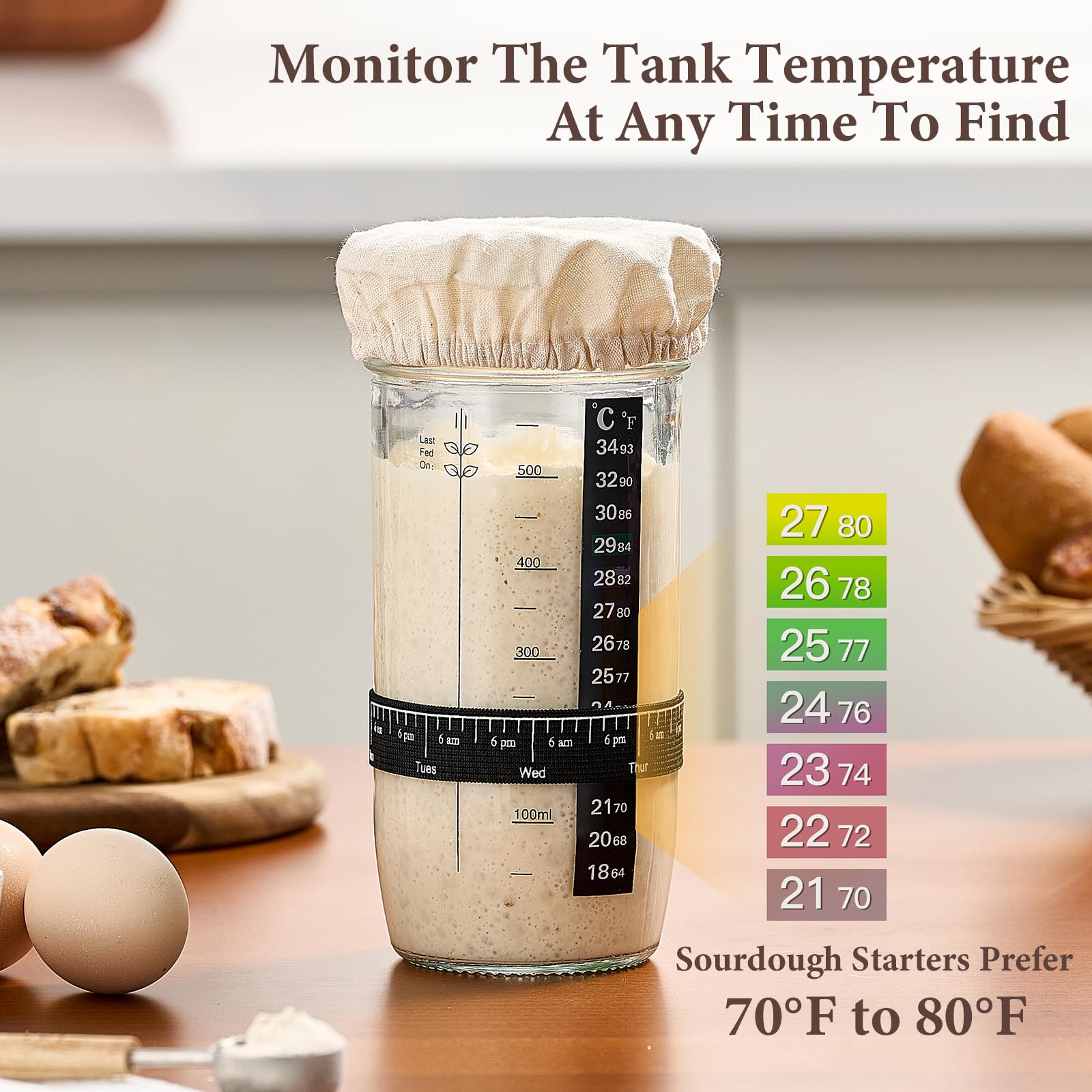 Glass Sourdough Starter Jar 2 Pack, 24 oz Wide Mouth Organic Sourdough Starter Kit with Date Marked Band, Thermometer, Cloth Cover & Metal Lid, Reusable Bread Baking Supplies, Bread Making Accessories