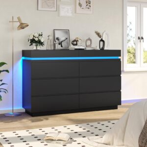 DICTAC Modern 6 Drawer Dresser with Sliding Desktop, Wide Chest of Drawers with Charging Station & LED Lights, Large Storage Tower Clothes Organizer, Black Dresser for Bedroom