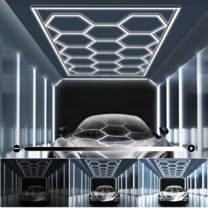 modern hexagon garage light: upgraded 3 level dimmable hexagon led garage light with rectangle frame 86400 lumens 6500k for garage, basement, warehouse, auto beauty shop, car detailing shop etc. …