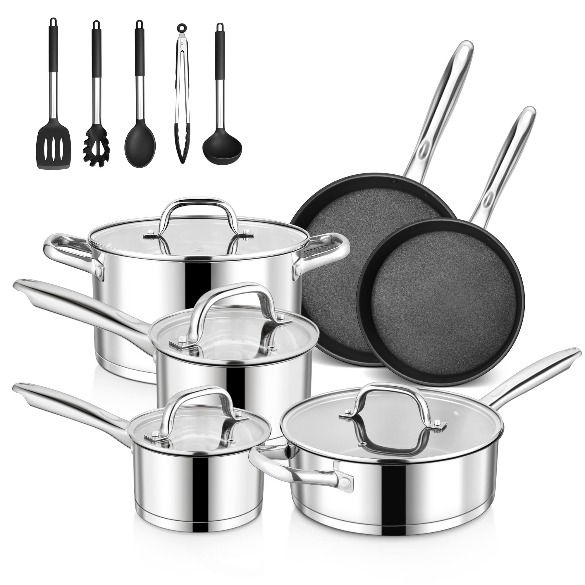 E-far 15-Piece Stainless Steel Cookware Set, 3-Ply Base Kitchen Pots and Pans Set, Non-toxic Induction Cooking Set Including Nonstick Frying Pan Saucepan, Oven & Dishwasher Safe, All Stoves Compatible