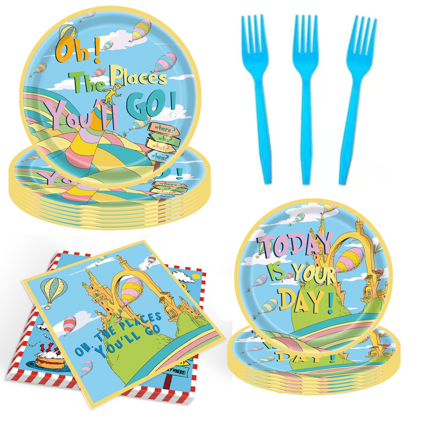 Generic 80PCS Oh The Places You'll Go Party Decorations Dr Seuss Party Decorations Oh The Places You'll Go Party Plates Napkins Forks Tableware Set for Kids Graduation Party