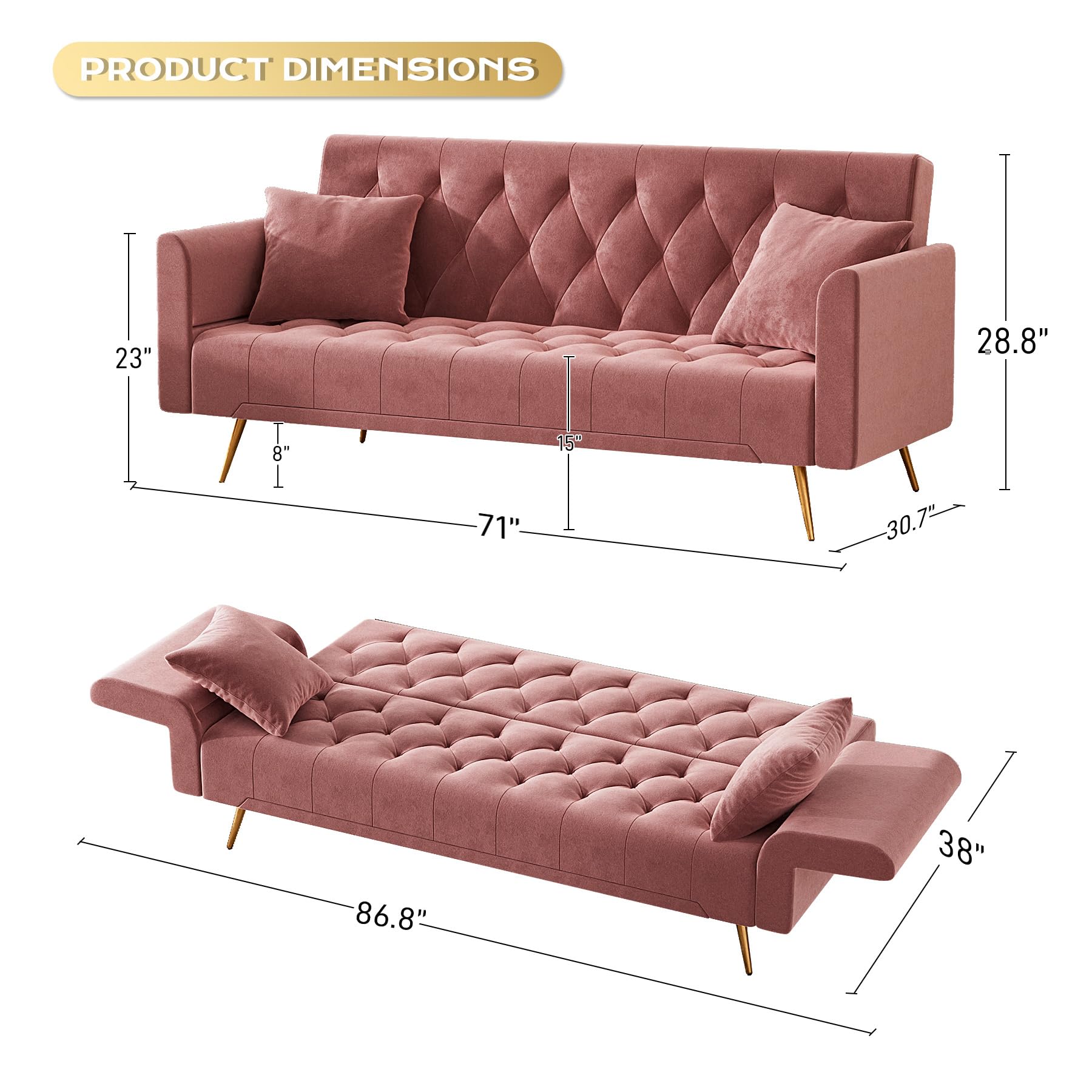 OUYESSIR 71" Velvet Futon Sofa Bed, Small Couch, Loveseat, Convertible Futon Sleeper Sofa with Folding Armrests and 2 Pillows, Modern Couch for Bedroom, Living Room (Rose Pink)