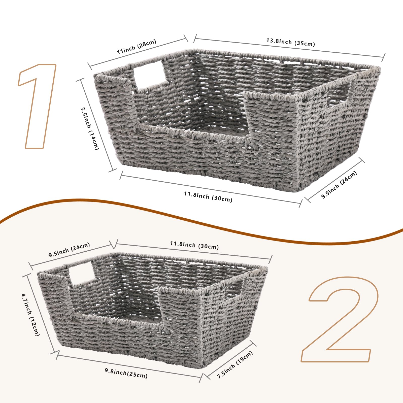 HNFNGSZL Wicker Baskets for Storage, Pantry Baskets Organization and Storage, Pantry Storage Baskets, Handwoven Wicker Baskets for Shelves, 2 Pack, Grey