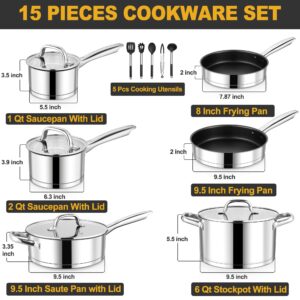 E-far 15-Piece Stainless Steel Cookware Set, 3-Ply Base Kitchen Pots and Pans Set, Non-toxic Induction Cooking Set Including Nonstick Frying Pan Saucepan, Oven & Dishwasher Safe, All Stoves Compatible