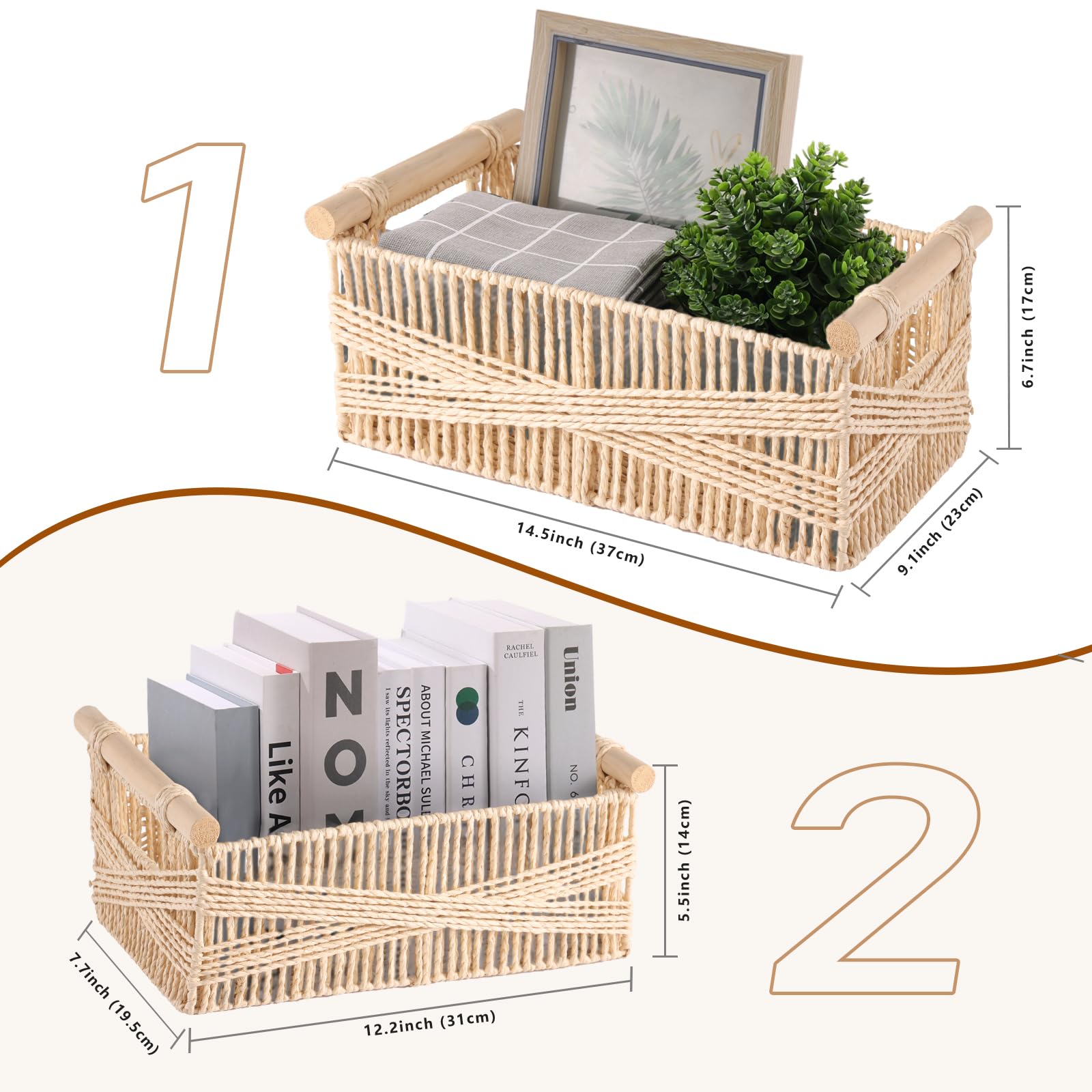 HNFNGSZL Wicker Storage Basket, Hand-Woven Baskets for Organizing, Recyclable Paper Rope Basket with Wood Handles, Decorative Basket Organizers for Makeup Books Shelves Living Room, Beige, Set of 2