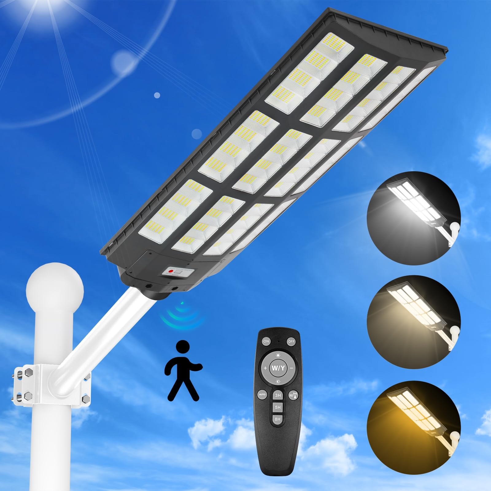 5000W Street Lights Solar Powered, 5000000LM Solar Street Lights for Outside, 2700K/4200K/6500K Dimmable Solar Street Lights Outdoor Waterproof IP66 Dusk to Dawn for Parking Lot, Pole, Garden, Yard