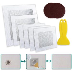 wyirong 10 pack drywall repair kit for large holes, 4/6/8 inch dry wall patch kits for erase a small nail hole, plaster wall patching self adhesive aluminum mesh with scraper and sandpaper