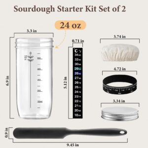 Glass Sourdough Starter Jar 2 Pack, 24 oz Wide Mouth Organic Sourdough Starter Kit with Date Marked Band, Thermometer, Cloth Cover & Metal Lid, Reusable Bread Baking Supplies, Bread Making Accessories