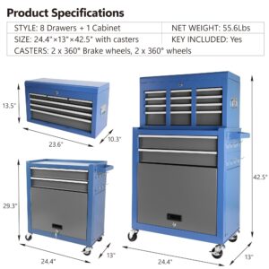 PULLAFUN 8-Drawer Rolling Tool Chest, 2-in-1 Rolling Tool Storage Cabinet with Detachable Top Tool Box, Liner, Universal Lockable Wheels,Tool Cart for Garage Workshop