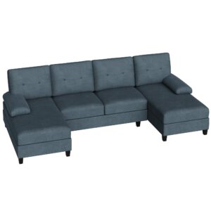 Shintenchi Sectional Couches for Living Room, U Shaped Sofa Couch with Double Chaise, 4-Seat Living Room Furniture Sets with Soft Cushion & Linen Fabric, Dark Grey