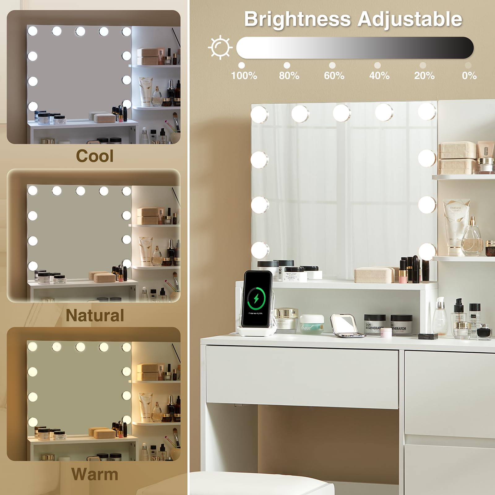 Alaxgumrol Makeup Vanity Desk with Mirror and Lights - Small Vanity Table Set with 4 Drawers, Power Outlet, USB Ports, Stool, Dressing Table with 3 Lighting Color Adjustable for Bedroom White