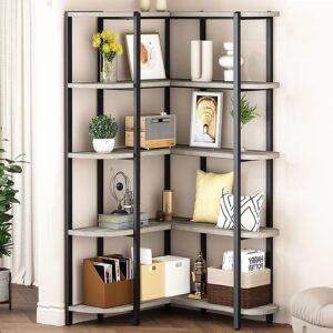 launica 5 tier corner bookshelf, tall grey l shaped book shelf with storage, large industrial wood metal open bookcase. farmhouse standing bookshelves for bedroom, living room, kitchen, gray