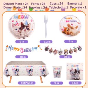 Atonofun Cat Party Plates, Cat Plates and Napkins Party Supplies, Disposable Plates, Cups, Napkins, Cutlery and Tablecloth for Cat Themed Birthday Party Decorations Serves 24