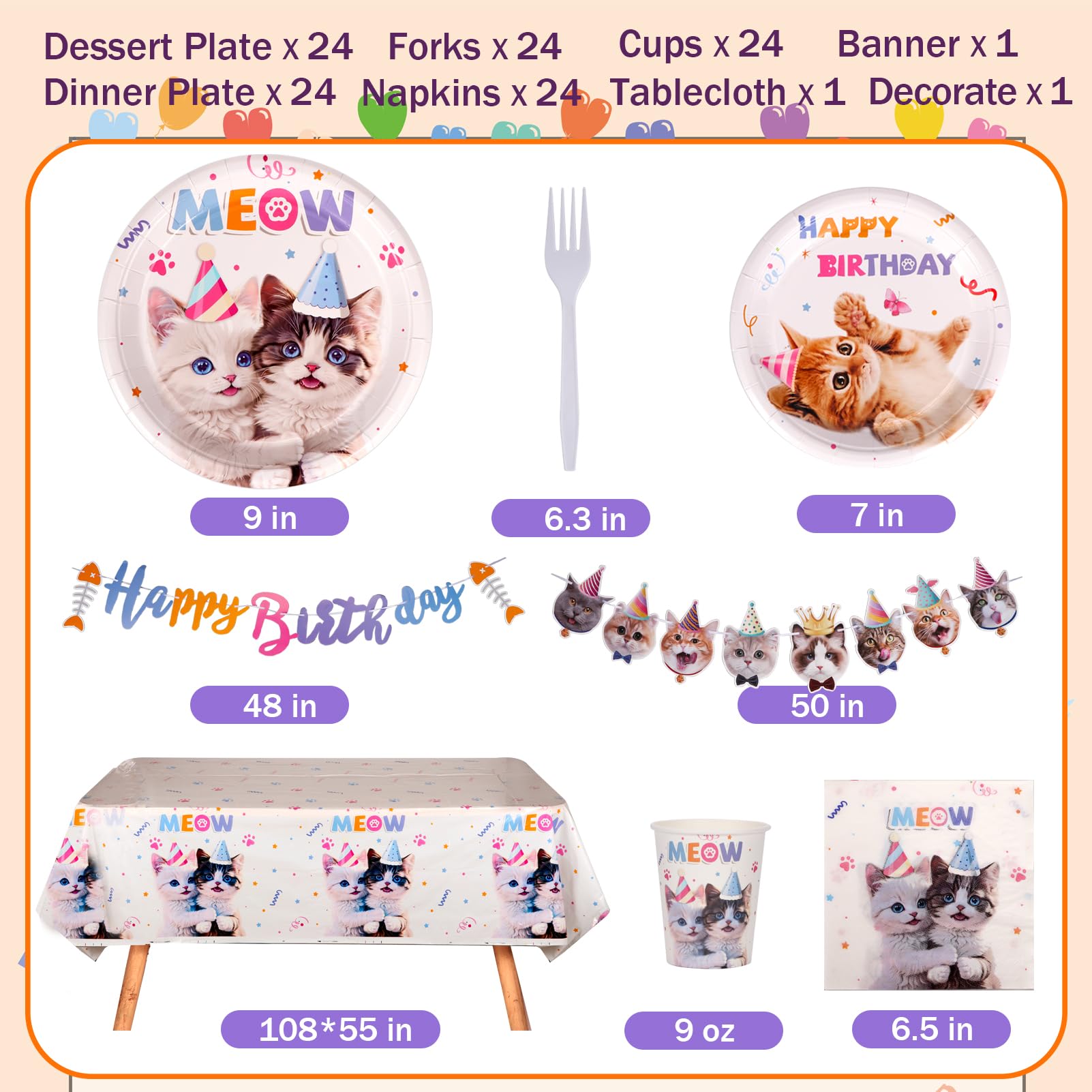 Atonofun Cat Party Plates, Cat Plates and Napkins Party Supplies, Disposable Plates, Cups, Napkins, Cutlery and Tablecloth for Cat Themed Birthday Party Decorations Serves 24