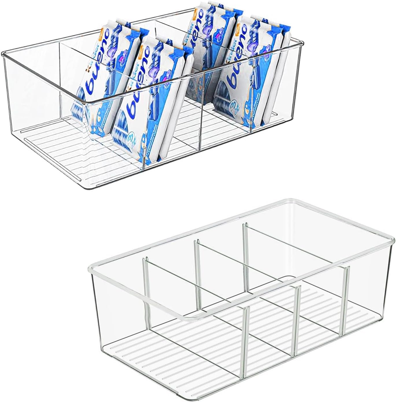 AIYULONG Pantry Organizers and Storage,2 Pack Clear Plastic Bins for Pantry, Kitchen, Fridge,Cabinet Organization and Storage,4 Compartment Holder Packets,Snacks,Pouches,Spice Packets