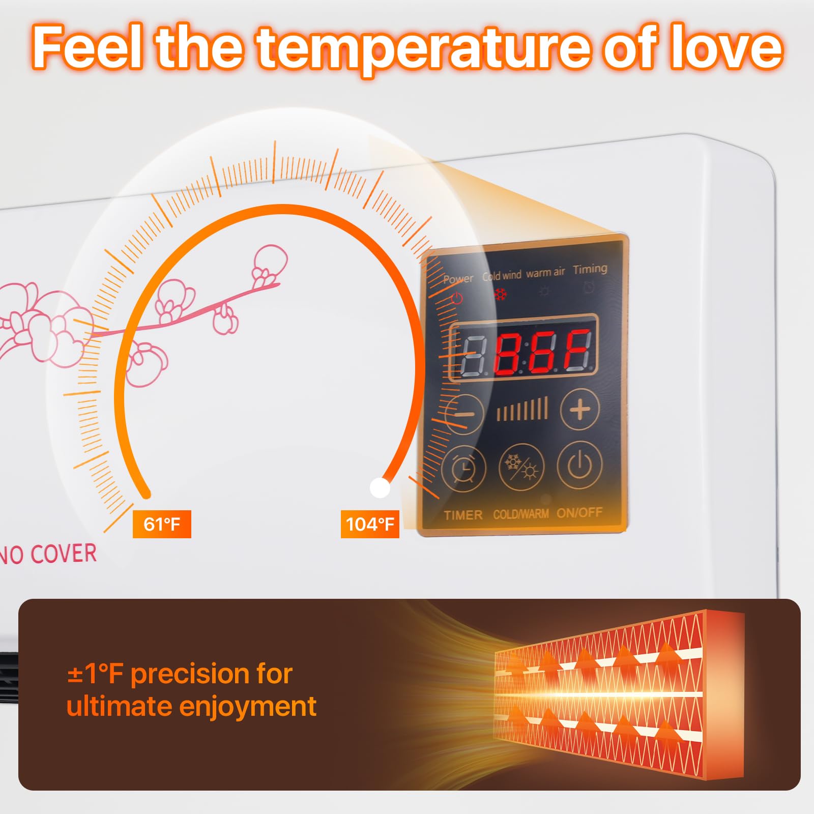 Wall Heater, Electric Space Heater for Bedroom 1400W Electric Heater, LED Display, Adjustable Thermostat, Timer, Safety Protection, Quiet Fan-less Design