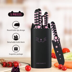 MEOWKIT Cute Kitchen Knife Set,5-piece Non-Stick Knives Set with Detachable Block and Scissors,Sharp Kitchen Knives for Chopping, Slicing, Dicing and Cutting for Home Kitchen