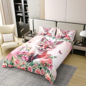 Watercolor Fox 100 Percent Cotton Bedding Set Full Size Cute Jungle Wildlife Duvet Cover Romantic Rose Butterfly Comforter Cover Pink Golden Marble Bedspread Cover with 2 Pillowcases