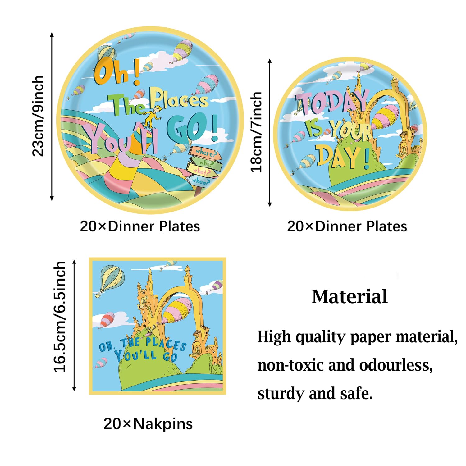 Generic 80PCS Oh The Places You'll Go Party Decorations Dr Seuss Party Decorations Oh The Places You'll Go Party Plates Napkins Forks Tableware Set for Kids Graduation Party