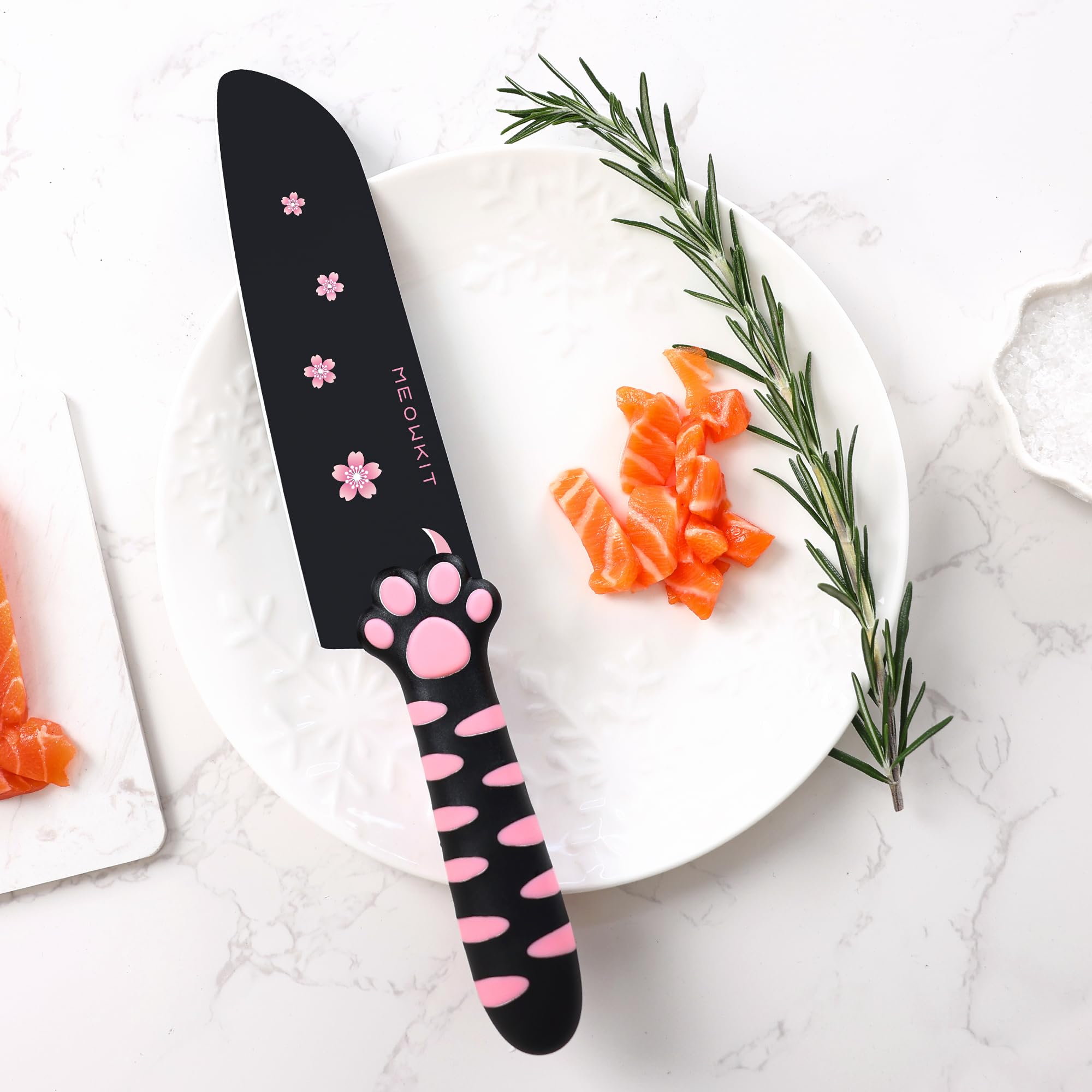 MEOWKIT Cute Kitchen Knife Set,5-piece Non-Stick Knives Set with Detachable Block and Scissors,Sharp Kitchen Knives for Chopping, Slicing, Dicing and Cutting for Home Kitchen