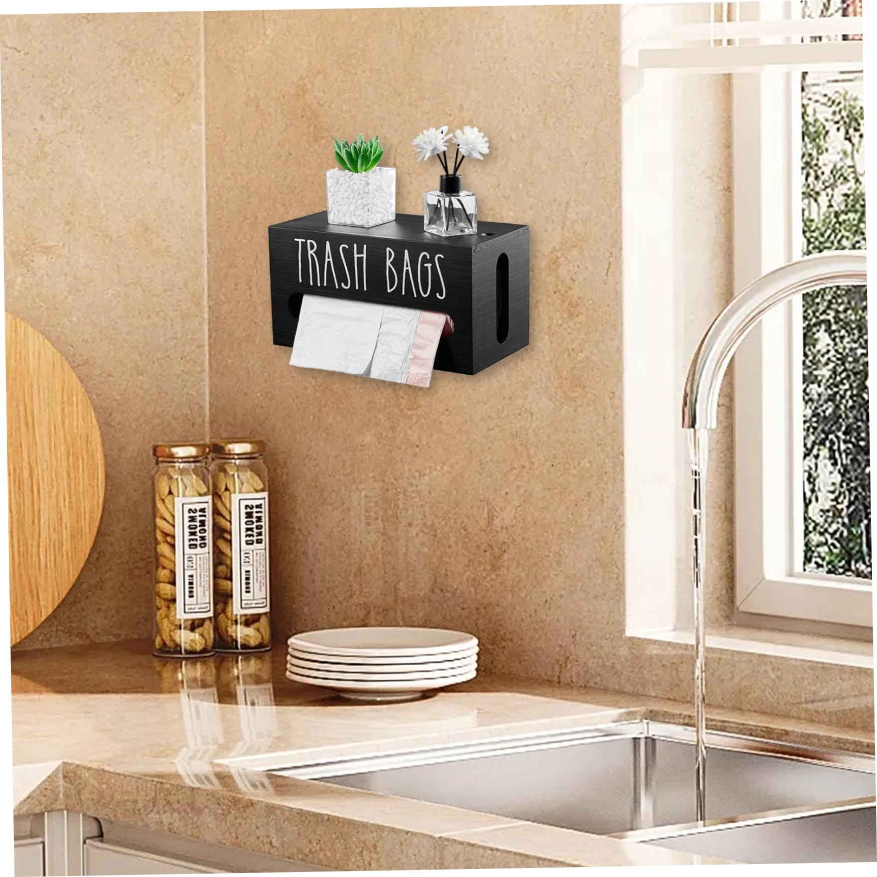 Trash Bag Holder Wooden Garbage Bag Dispenser Wall Mounted Plastic Bag Holder with Sliding Panel for Countertop Under Kitchen Sink Black 9.3*5.1*5.1inch Trash Bag Dispenser Roll Holder Plastic Bag