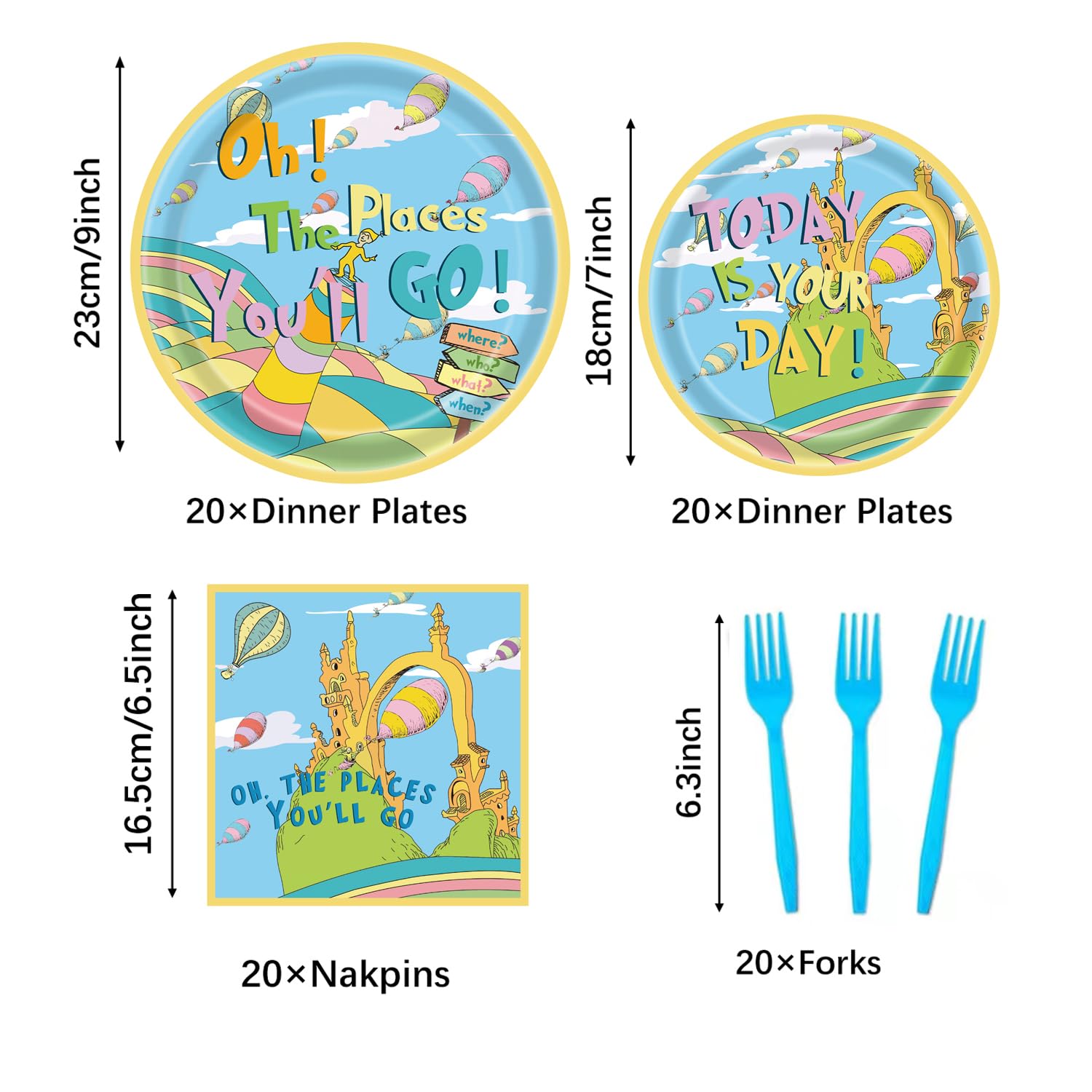 Generic 80PCS Oh The Places You'll Go Party Decorations Dr Seuss Party Decorations Oh The Places You'll Go Party Plates Napkins Forks Tableware Set for Kids Graduation Party