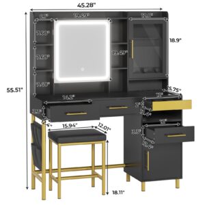 AOGLLATI Black Makeup Vanity with Lights and Jewelry Cabinet, Vanity Desk with Mirror and Lights, Vanity Table with Charging Station,Led Lights, Hidden and Open Storage Shelves