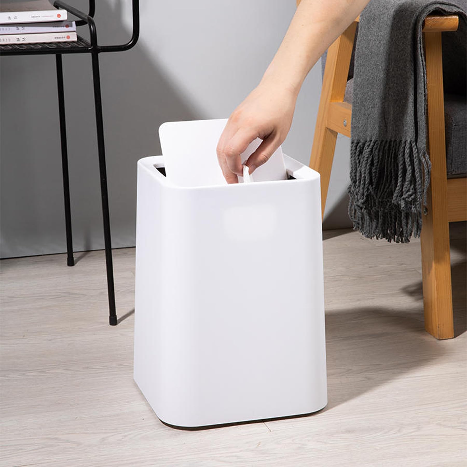 JEIMALEN Square Trash Can with Swing Lid 12 Liter/ 3 Gallon Plastic Garbage Can for Kitchen, Bedroom, Home Office, Craft Room, Dorm Room, Powder Room,Toilet Trash Bin (White, 3 Gallon)