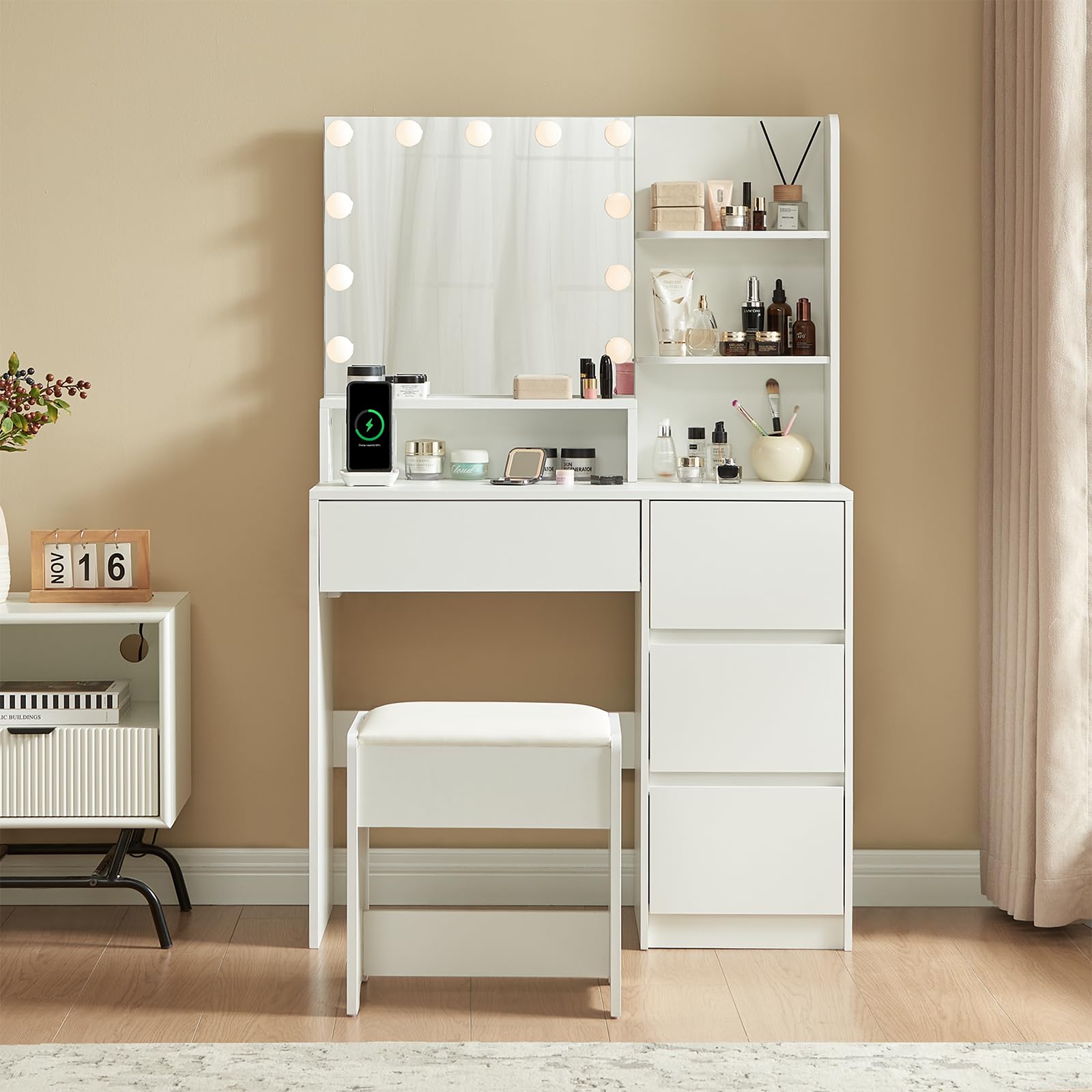 Alaxgumrol Makeup Vanity Desk with Mirror and Lights - Small Vanity Table Set with 4 Drawers, Power Outlet, USB Ports, Stool, Dressing Table with 3 Lighting Color Adjustable for Bedroom White