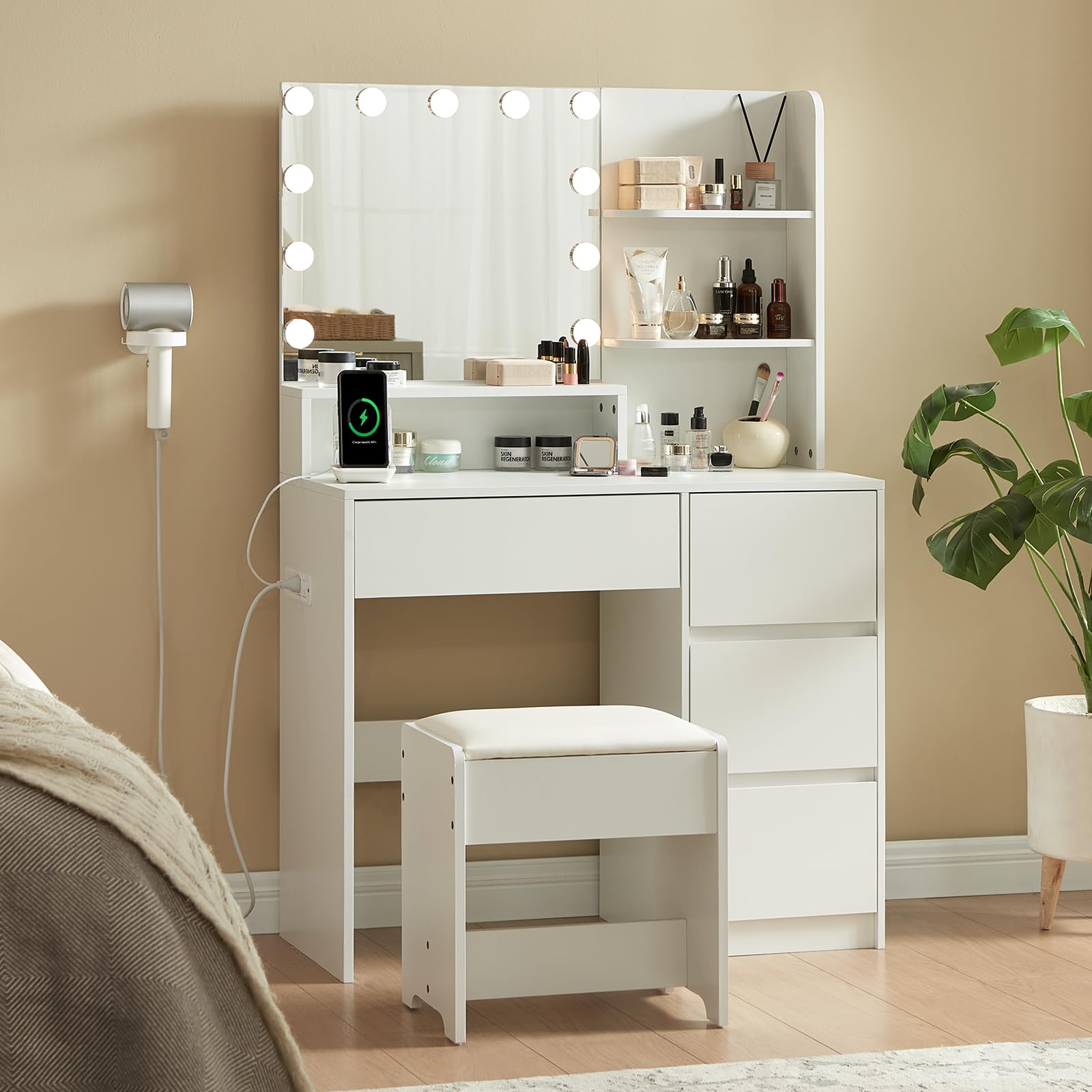 Alaxgumrol Makeup Vanity Desk with Mirror and Lights - Small Vanity Table Set with 4 Drawers, Power Outlet, USB Ports, Stool, Dressing Table with 3 Lighting Color Adjustable for Bedroom White