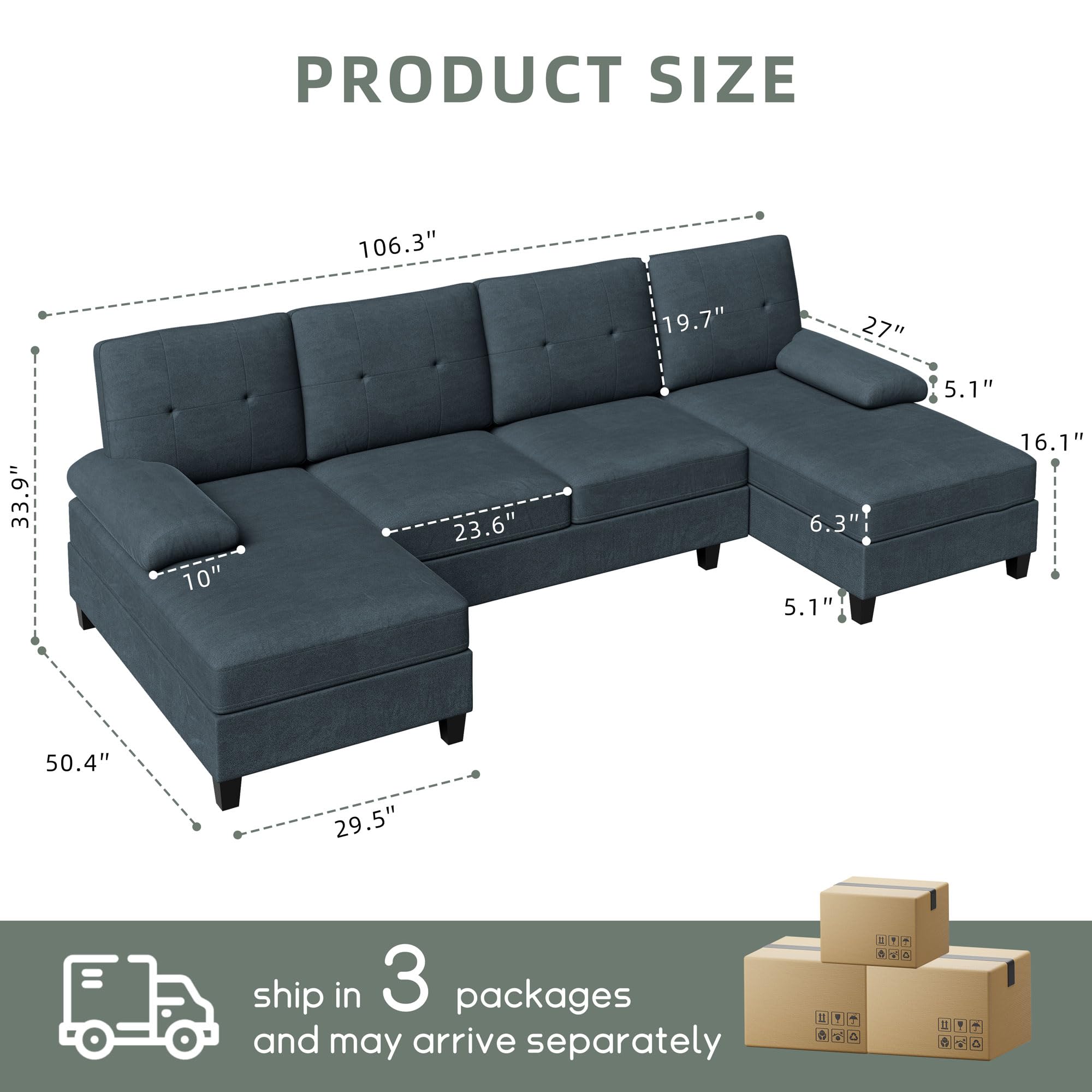 Shintenchi Sectional Couches for Living Room, U Shaped Sofa Couch with Double Chaise, 4-Seat Living Room Furniture Sets with Soft Cushion & Linen Fabric, Dark Grey