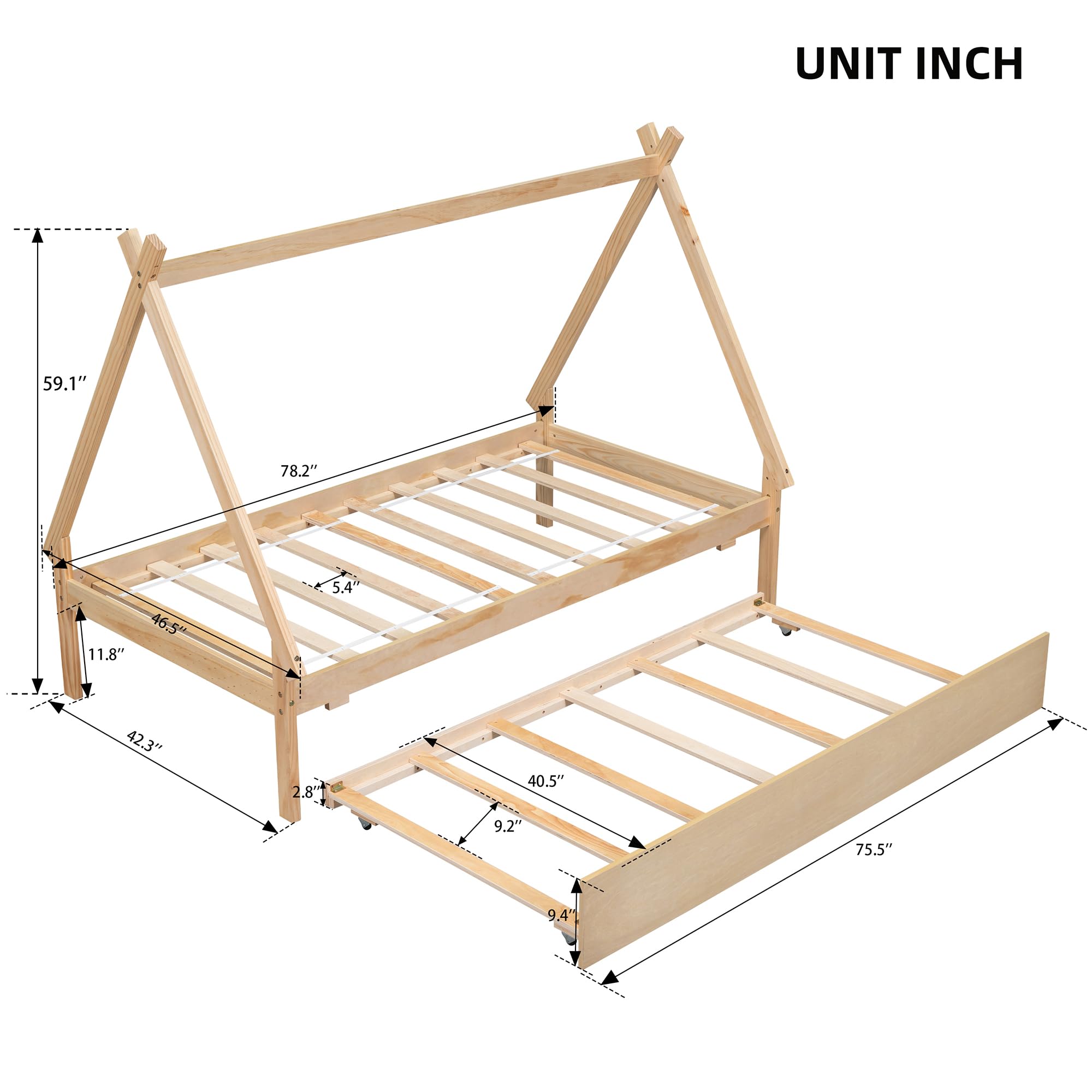 LostCat Twin Bed with Trundle, Twin Size Tent Floor Bed, Teepee Bed for Kids Teens Girls Boys, Wood Montessori Bed with Slat Support, Easy Assembly, Natural