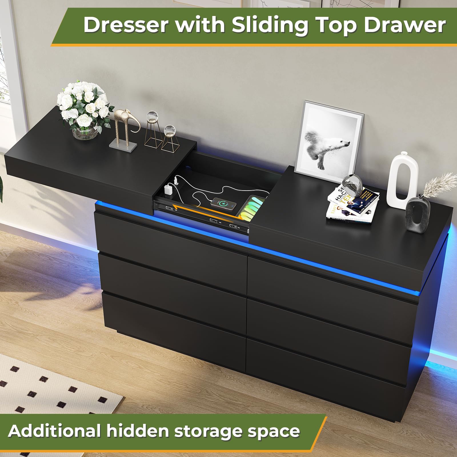 DICTAC Modern 6 Drawer Dresser with Sliding Desktop, Wide Chest of Drawers with Charging Station & LED Lights, Large Storage Tower Clothes Organizer, Black Dresser for Bedroom