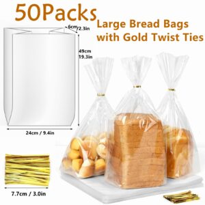 Reusable Plastic Bread Bags for Homemade, 52Packs Bakery Loaf Sourdough Large Clear Bag with Ties For Airtight Moisture, Poly Storage Bag + Bread Slicer Toast Cutting Guide + 8" Serrated Bread Knife