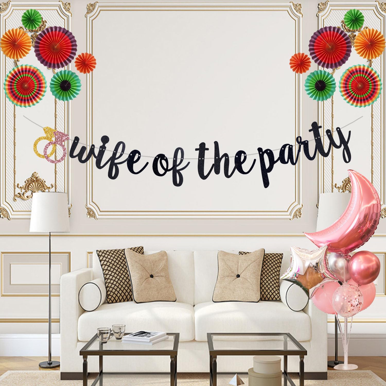 QFiesy Wifey of The Party Banner, Black Glitter Bachelorette Party Garland, Bride to Be/Wife To Be/Will You Marry Me, Bridal Shower Engagement Party Supplies (Pre-Strung)