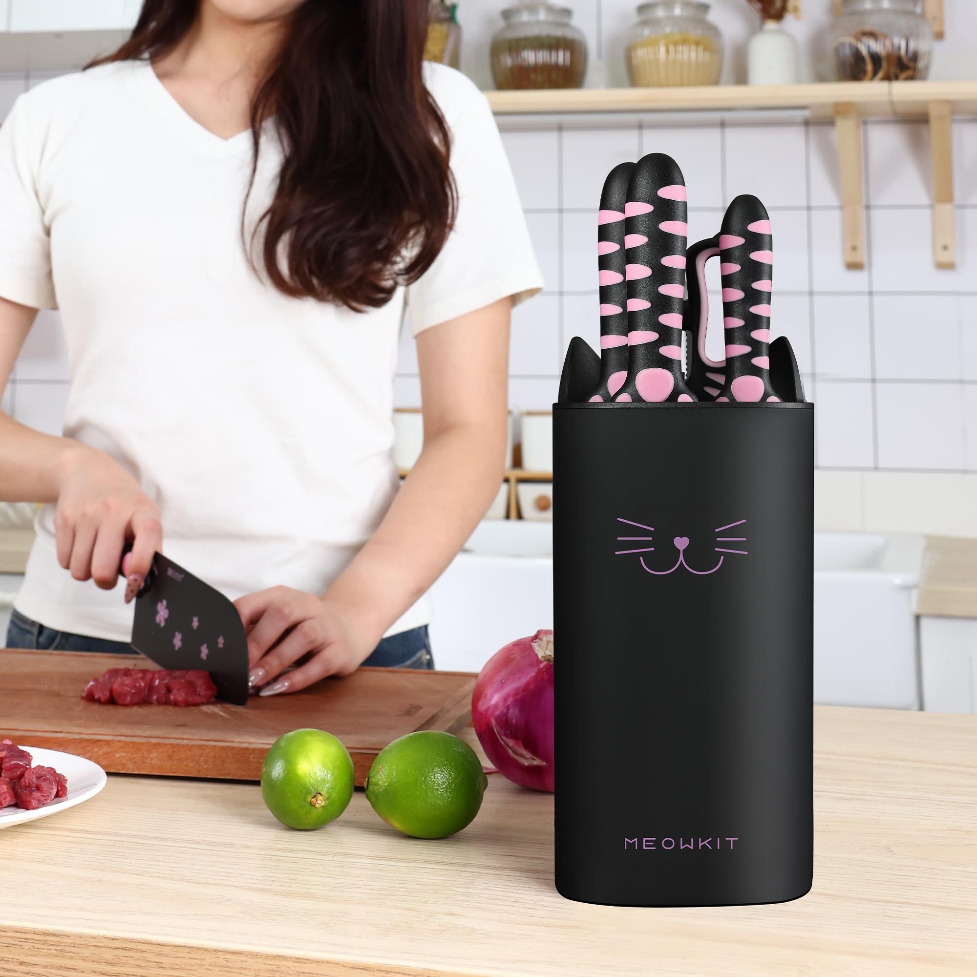 MEOWKIT Cute Kitchen Knife Set,5-piece Non-Stick Knives Set with Detachable Block and Scissors,Sharp Kitchen Knives for Chopping, Slicing, Dicing and Cutting for Home Kitchen