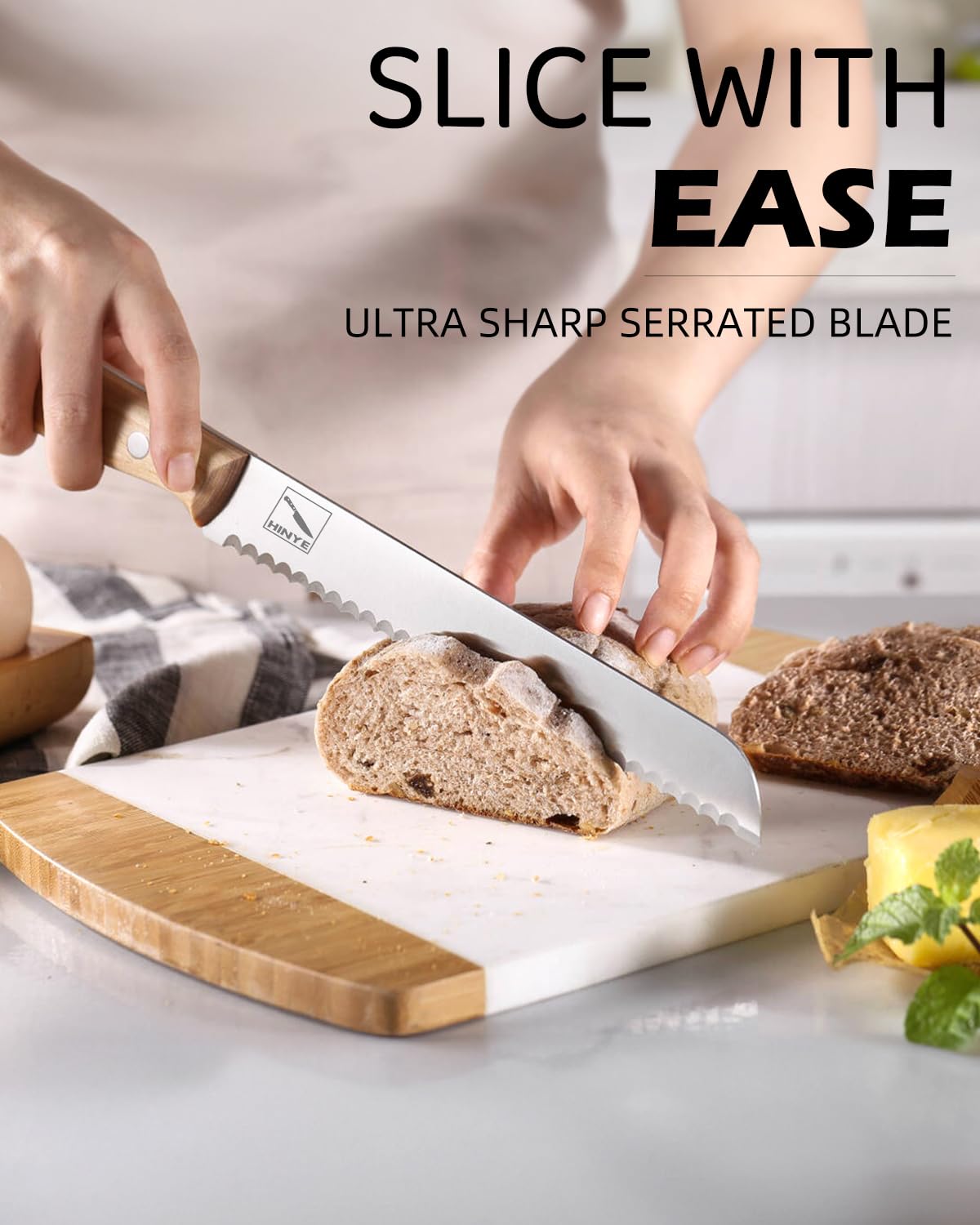 Hinye Bread Knife Professional Grade 8-Inch Serrated Edge Cake Knife, High Carbon Stainless Steel Bread Cutter for Homemade Bread (Autumn Yellow)