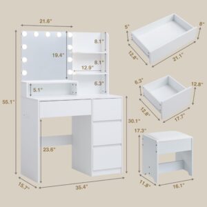 Alaxgumrol Makeup Vanity Desk with Mirror and Lights - Small Vanity Table Set with 4 Drawers, Power Outlet, USB Ports, Stool, Dressing Table with 3 Lighting Color Adjustable for Bedroom White